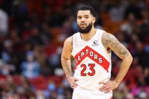 Fred VanVleet #23 of the Toronto Raptors looks on against the Miami Heat during the first half at FTX Arena on January 17, 2022 in Miami, Florida.