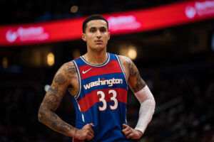 Kyle Kuzma #33 of the Washington Wizards looks on against the Brooklyn Nets during the second half at Capital One Arena on January 19, 2022 in Washington, DC