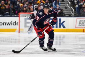 Patrik Laine #29 of the Columbus Blue Jackets skates during the third period of a game against the Pittsburgh Penguins at Nationwide Arena on January 21, 2022 in Columbus, Ohio.