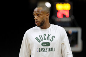 Khris Middleton #22 of the Milwaukee Bucks warms up before the game against the Sacramento Kings at Fiserv Forum on January 22, 2022 in Milwaukee, Wisconsin.