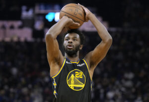 Andrew Wiggins #22 of the Golden State Warriors shoots a foul shot against the Utah Jazz during the first half of an NBA basketball game at Chase Center on January 23, 2022 in San Francisco, California.