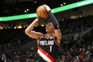 Anfernee Simons #1 of the Portland Trail Blazers shoots against the Minnesota Timberwolves during the first half at Moda Center on January 25, 2022 in Portland, Oregon.