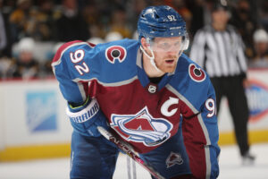 Gabriel Landeskog #92 of the Colorado Avalanche awaits a face off against the Boston Bruins at Ball Arena on January 26, 2022 in Denver, CO.