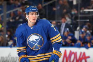 Tage Thompson #72 of the Buffalo Sabres skates against the Dallas Stars during an NHL game on January 20, 2022 at KeyBank Center in Buffalo, New York.