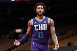 Miles Bridges #0 of the Charlotte Hornets reacts during the second half of their NBA game against the Toronto Raptors at Scotiabank Arena on January 25, 2022 in Toronto, Canada.