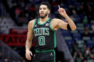 Jayson Tatum #0 of the Boston Celtics reacts after scoring during the first quarter of an NBA game against the New Orleans Pelicans at Smoothie King Center on January 29, 2022 in New Orleans, Louisiana