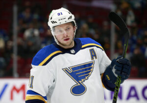 Vladimir Tarasenko #91 of the St. Louis Blues skates up ice during their NHL game against the Vancouver Canucks at Rogers Arena January 23, 2022 in Vancouver, British Columbia, Canada.