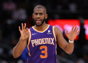 Chris Paul #3 of the Phoenix Suns reacts against the Atlanta Hawks during the second half at State Farm Arena on February 03, 2022 in Atlanta, Georgia.