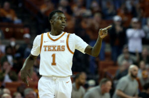 Andrew Jones #1 of the Texas Longhorns reacts as Texas Longhorns defeats Iowa State Cyclones 63-41 at the Frank Erwin Center on February 05, 2022 in Austin, Texas.