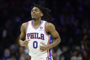 Tyrese Maxey #0 of the Philadelphia 76ers looks on against the Memphis Grizzlies at Wells Fargo Center on January 31, 2022 in Philadelphia, Pennsylvania.