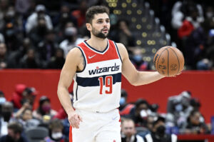 Raul Neto #19 of the Washington Wizards handles the ball against the Miami Heat at Capital One Arena on February 07, 2022 in Washington, DC. 