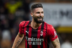 Olivier Giroud of AC Milan celebrates after scoring during the Coppa Italia match between AC Milan ac SS Lazio at Stadio Giuseppe Meazza on February 09, 2022 in Milan, Italy.