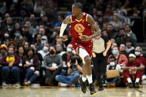 Caris LeVert #3 of the Cleveland Cavaliers runs back on defense during the third quarter against the San Antonio Spurs at Rocket Mortgage Fieldhouse on February 09, 2022 in Cleveland, Ohio. The Cavaliers defeated the Spurs 105-92.