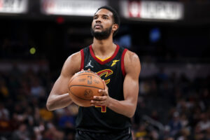 Evan Mobley #4 of the Cleveland Cavaliers attempts a free throw in the third quarter against the Indiana Pacers at Gainbridge Fieldhouse on February 11, 2022 in Indianapolis, Indiana. 