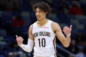 Jaxson Hayes #10 of the New Orleans Pelicans reacts against the Houston Rockets during a game at the Smoothie King Center on February 08, 2022 in New Orleans, Louisiana.