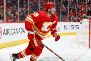 Matthew Tkachuk #19 of the Calgary Flames plays against the New York Islanders at Scotiabank Saddledome on February 12, 2022 in Calgary, Alberta