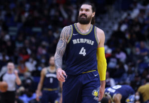 Steven Adams #4 of the Memphis Grizzlies reacts against the New Orleans Pelicans during the second half at the Smoothie King Center on February 15, 2022 in New Orleans, Louisiana.