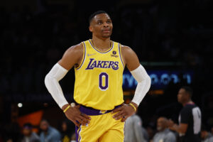 Russell Westbrook #0 of the Los Angeles Lakers at Crypto.com Arena on March 01, 2022 in Los Angeles, California. 