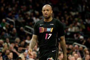 P.J. Tucker #17 of the Miami Heat walks down court during the first half of the game against the Milwaukee Bucks at Fiserv Forum on March 02, 2022 in Milwaukee, Wisconsin. Bucks defeated the Heat 120-119.