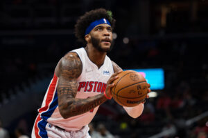 Saddiq Bey #41 of the Detroit Pistons shoots a free throw against the Washington Wizards during the first half at Capital One Arena on March 1, 2022 in Washington, DC