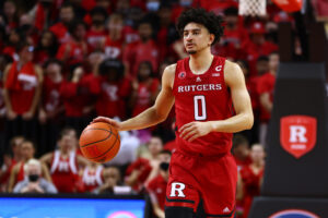 Geo Baker #0 of the Rutgers Scarlet Knights in action against the Penn State Nittany Lions during a game at Jersey Mike's Arena on March 6, 2022 in Piscataway, New Jersey. Rutgers defeated Penn State 59.58.