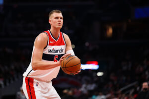 Kristaps Porzingis #6 of the Washington Wizards shoots a free throw against the Indiana Pacers during the second half at Capital One Arena on March 6, 2022 in Washington, DC.