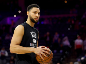 Ben Simmons #10 of the Brooklyn Nets warms up before the game against the Philadelphia 76ers at Wells Fargo Center on March 10, 2022 in Philadelphia, Pennsylvania.