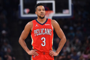 CJ McCollum #3 of the New Orleans Pelicans during the game against the Memphis Grizzlies at FedExForum on March 08, 2022 in Memphis, Tennessee.