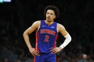 Cade Cunningham #2 of the Detroit Pistons looks on during the second quarter of the game against the Boston Celtics at TD Garden on March 11, 2022 in Boston, Massachusetts