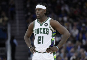 Jrue Holiday #21 of the Milwaukee Bucks looks on against the Golden State Warriors in the second half of an NBA basketball game at Chase Center on March 12, 2022 in San Francisco, California.