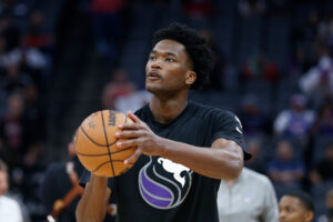 Damian Jones #30 of the Sacramento Kings warms up before the game against the Chicago Bulls at Golden 1 Center on March 14, 2022 in Sacramento, California. 