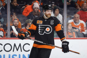 Claude Giroux #28 of the Philadelphia Flyers looks on against the Nashville Predators at Wells Fargo Center on March 17, 2022 in Philadelphia, Pennsylvania.