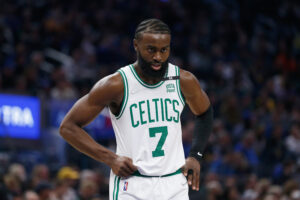 Jaylen Brown #7 of the Boston Celtics looks on in the first quarter against the Golden State Warriors at Chase Center on March 16, 2022 in San Francisco, California.