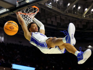 Wendell Moore Jr. #0 of the Duke Blue Devils steals and dunks the ball against the Cal State Fullerton Titans during the second half in the first round game of the 2022 NCAA Men's Basketball Tournament at Bon Secours Wellness Arena