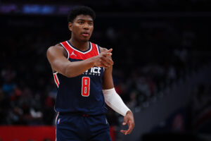 Rui Hachimura #8 of the Washington Wizards reacts to a play against the Denver Nuggets during the second half at Capital One Arena on March 16, 2022 in Washington, DC. NOTE TO USER: User expressly acknowledges and agrees that, by downloading and or using this photograph, User is consenting to the terms and conditions of the Getty Images License Agreement