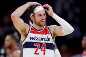 Corey Kispert #24 of the Washington Wizards reacts to a play during the first quarter against the Houston Rockets at Toyota Center on March 21, 2022 in Houston, Texas.