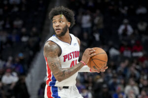 Saddiq Bey #41 of the Detroit Pistons handles the ball against the Atlanta Hawks at Little Caesars Arena on March 23, 2022 in Detroit, Michigan. 