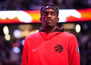 Pascal Siakam #43 of the Toronto Raptors looks on during the national anthem before playing the Cleveland Cavaliers at the Scotiabank Arena on March 24, 2022 in Toronto, Ontario, Canada.