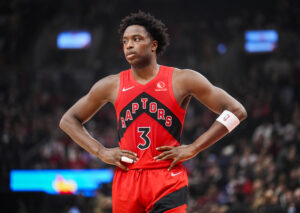 OG Anunoby #3 of the Toronto Raptors looks on against the Indiana Pacers during the first half of their basketball game at the Scotiabank Arena on March 26, 2022 in Toronto, Ontario, Canada.