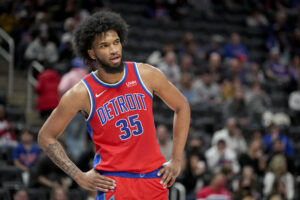  Marvin Bagley III #35 of the Detroit Pistons looks on against the Washington Wizards during the second quarter at Little Caesars Arena on March 25, 2022 in Detroit, Michigan. 