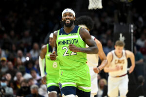 Patrick Beverley #22 of the Minnesota Timberwolves celebrates during the second half against the Cleveland Cavaliers at Rocket Mortgage Fieldhouse on February 28, 2022 in Cleveland, Ohio. The Timberwolves defeated the Cavaliers 127-122.