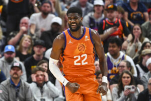 Deandre Ayton #22 of the Phoenix Suns celebrates a basket during the second half of a game against the Utah Jazz at Vivint Smart Home Arena on April 08, 2022 in Salt Lake City, Utah.