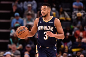 CJ McCollum #3 of the New Orleans Pelicans brings the ball up court during the game against the Memphis Grizzlies at FedExForum on April 09, 2022 in Memphis, Tennessee.