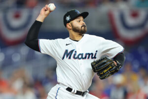 Pablo Lopez #49 of the Miami Marlins delivers a pitch during the third inning against the Philadelphia Phillies at loanDepot park on April 15, 2022 in Miami, Florida. All players are wearing the number 42 in honor of Jackie Robinson Day.