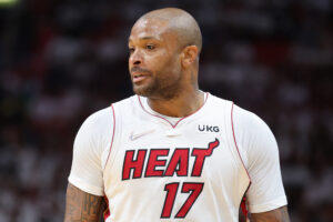 P.J. Tucker #17 of the Miami Heat looks on against the Atlanta Hawks during the third quarter in Game One of the Eastern Conference First Round at FTX Arena on April 17, 2022 in Miami, Florida.