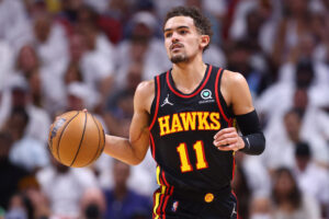 Trae Young #11 of the Atlanta Hawks in action against the Miami Heat during the first quarter in Game One of the Eastern Conference First Round at FTX Arena on April 17, 2022 in Miami, Florida.