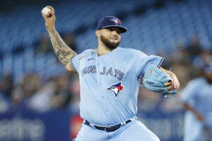 Alek Manoah #6 of the Toronto Blue Jays pitches in the first inning of their MLB game against the Oakland Athletics at Rogers Centre on April 17, 2022 in Toronto, Canada.