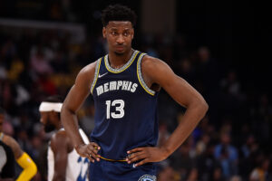 Jaren Jackson Jr. #13 of the Memphis Grizzlies reacts against the Minnesota Timberwolves during Game Two of the Western Conference First Round at FedExForum on April 19, 2022 in Memphis, Tennessee.