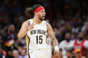 Jose Alvarado #15 of the New Orleans Pelicans reacts after a turnover during the second half of Game Five of the Western Conference First Round NBA Playoffs against the Phoenix Suns at Footprint Center on April 26, 2022 in Phoenix, Arizona.