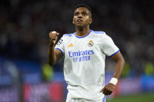 Rodrygo Goes of Real Madrid celebrates after scoring his team's second goal during the UEFA Champions League Semi Final Leg Two match between Real Madrid and Manchester City at Estadio Santiago Bernabeu on May 04, 2022 in Madrid, Spain. 